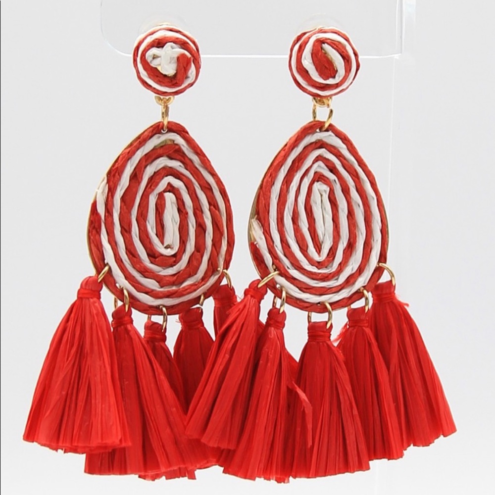 Red and White Tassel Drop Earrings